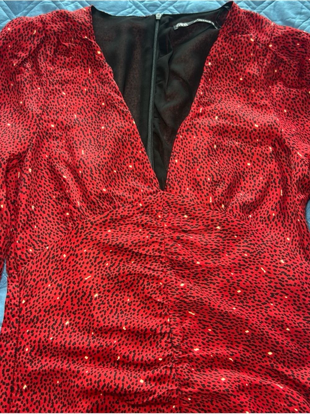 Red V-Neck Ruched Dress with Black Spot Print